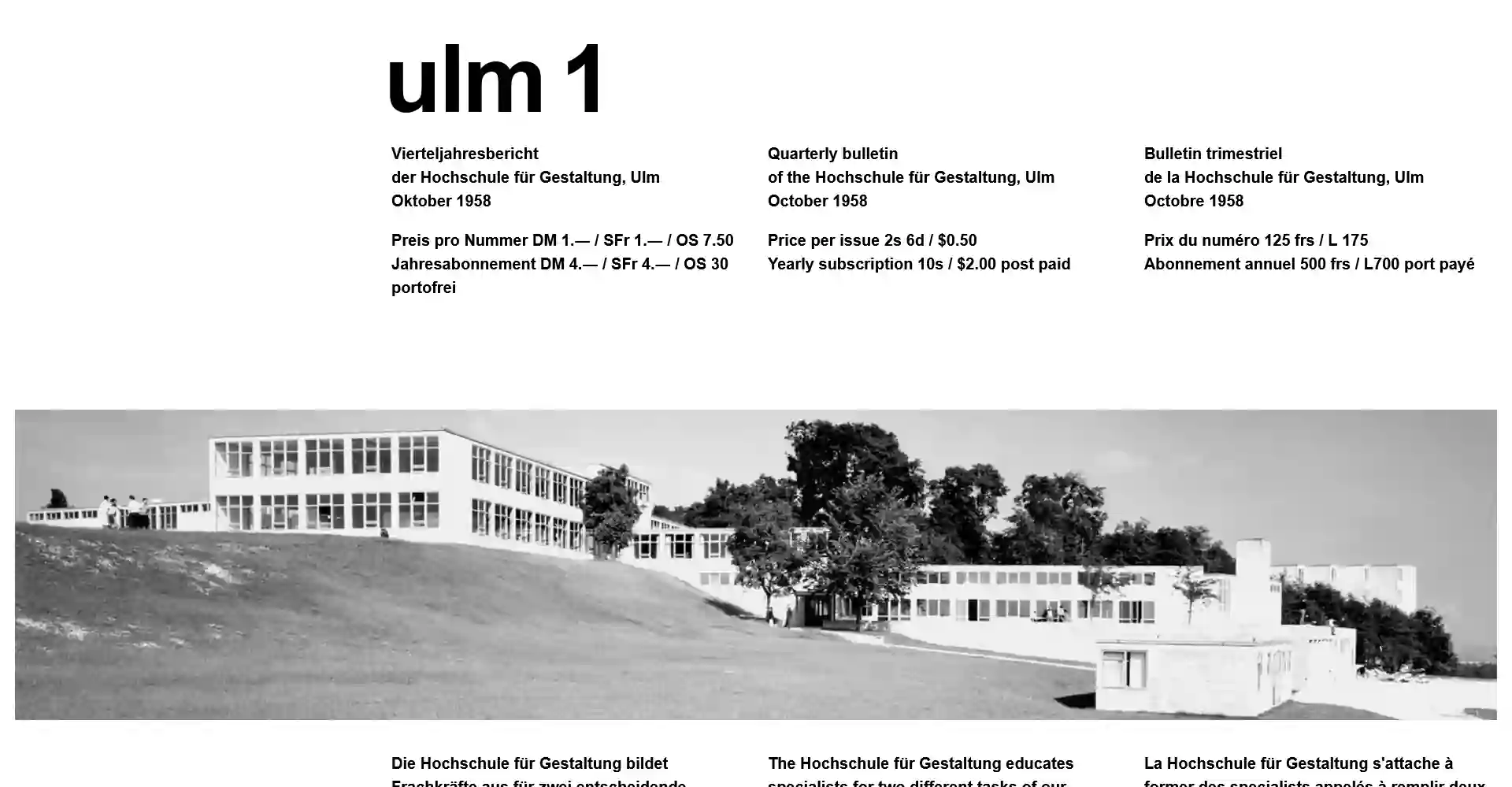 Imagem do site HFG Ulm contendo no topo título e cabeçalho em alemão, inglês e francês. Logo abaixo, uma imagem horizontal da Escola de Ulm e descrição em alemão, inglês e francês do propósito da criação da escola por Max Bill e Otl Aicher em 02 de Outubro de 1955.